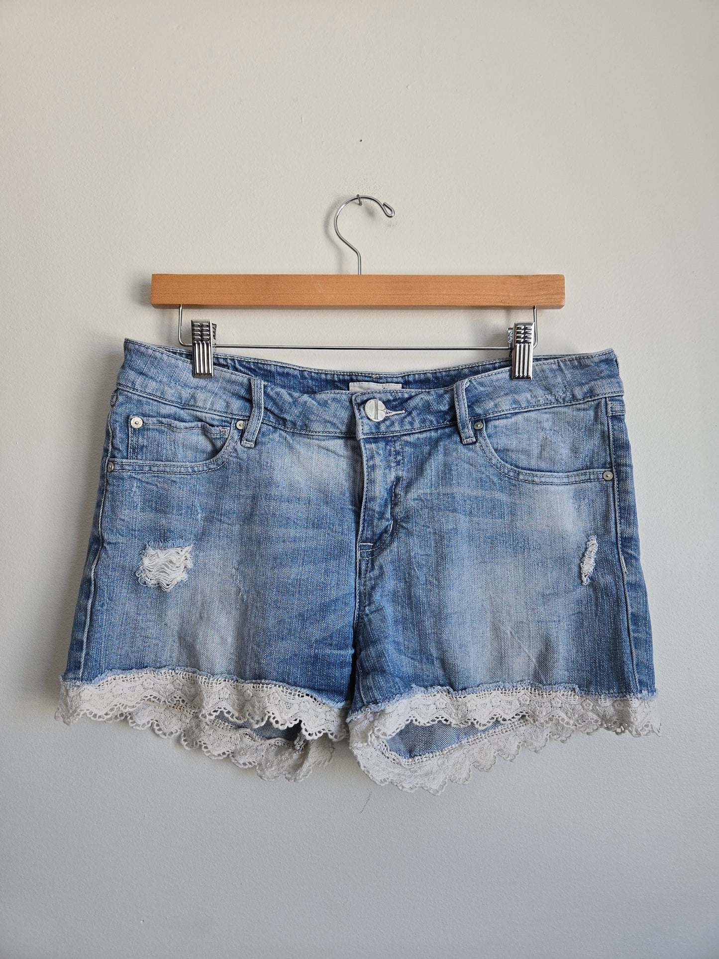 Bootlegger Lace Hem Denim Shorts - Size Medium