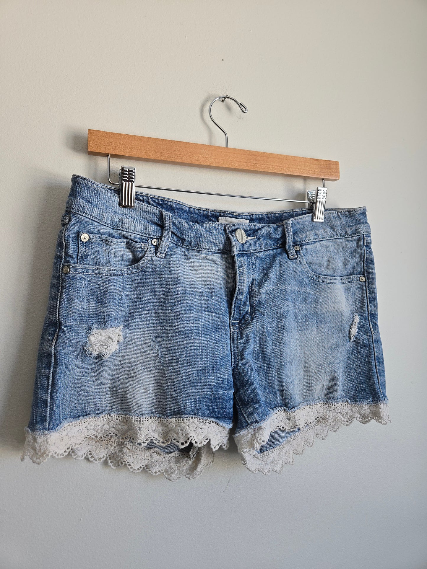 Bootlegger Lace Hem Denim Shorts - Size Medium