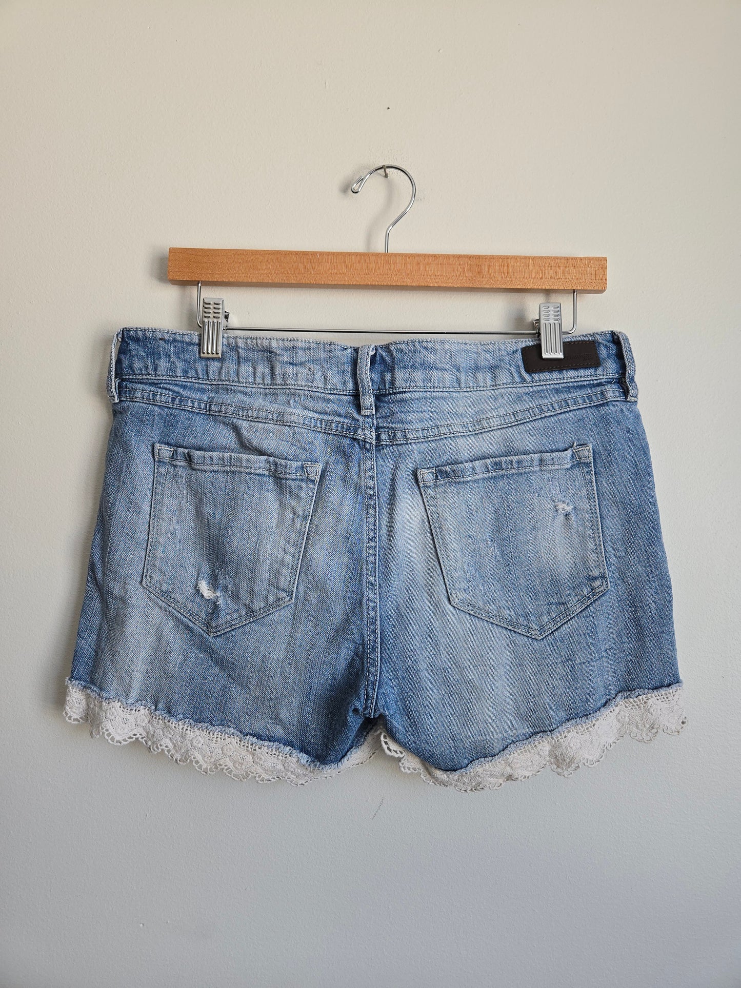 Bootlegger Lace Hem Denim Shorts - Size Medium