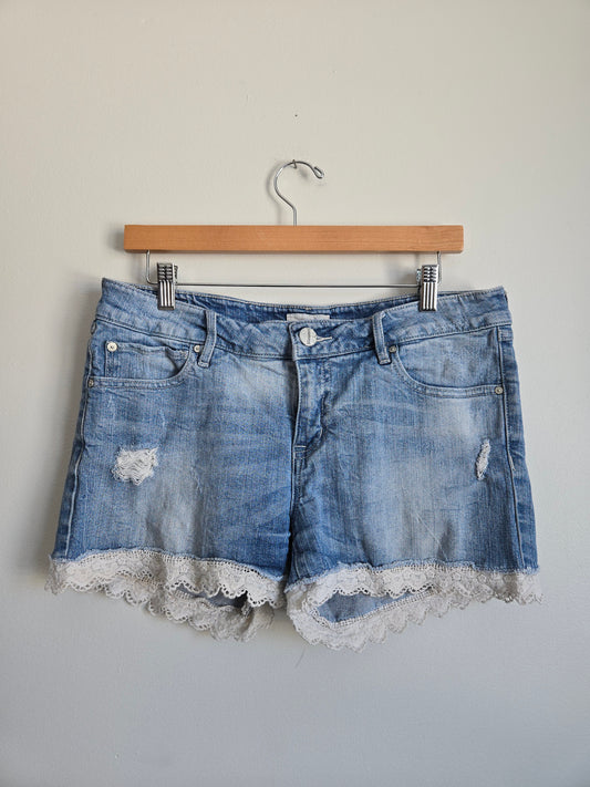 Bootlegger Lace Hem Denim Shorts - Size Medium